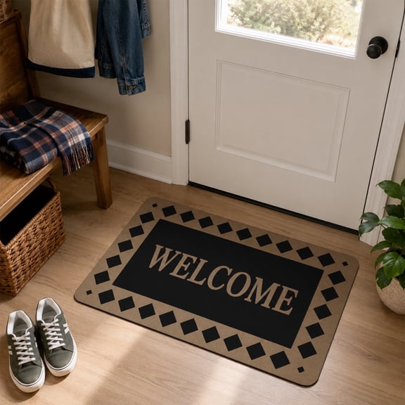 Minimalist Welcome Doormat, Black Tan Diamond Geometric Border Farmhouse Entry Rug, Non-Slip Absorbent Indoor Front Door Floor Mat, Neutral Rustic Home Decor