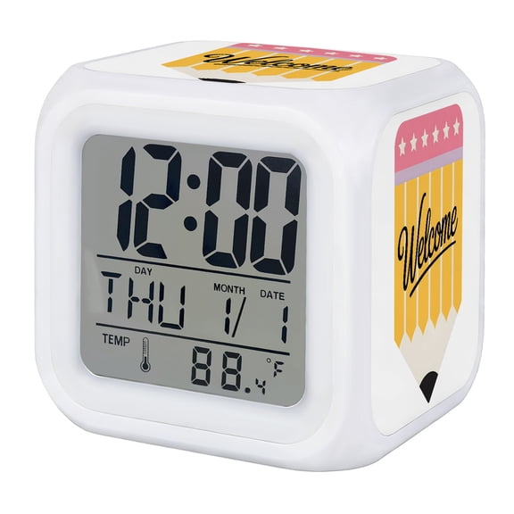 Welcome Digital Alarm Clock for Bedrooms, Smart LED Alarm Clock with 7 Color Changing Night Light, Pink Yellow Star Pencil Writing Silent Wake Up Clocks for Sleep Study Cooking 3.2"x3.2"