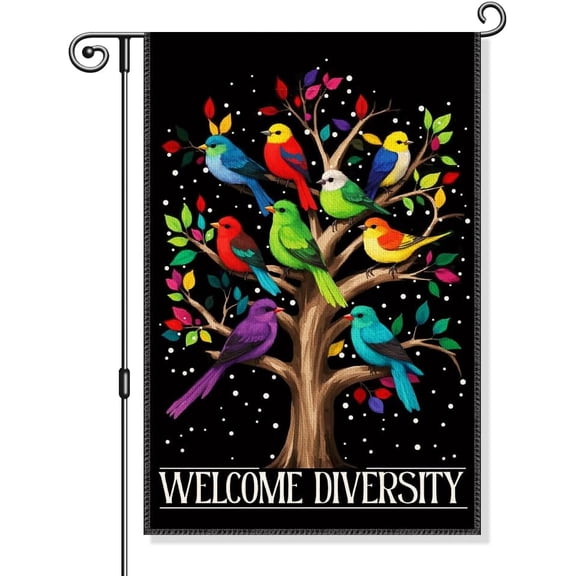 Welcome Diversity Garden Flag, Funny Colorful Birds Tree LGBTQ Yard Sign for Outdoor, Equality And Inclusion Inspriational Flag, Pride Month Garden Lawn Porch Home Dcor