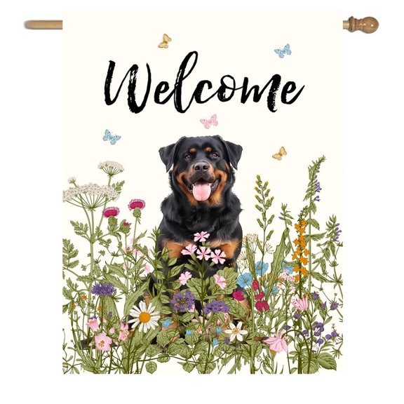 Welcome Dog Double Sided Garden Flags, Rottweiler Wildflower House Flags for Outside, Outdoor Flags for House, 28 x 40in