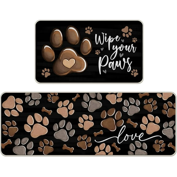 Welcome Dog Paw Print Kitchen Rugs Set of 2, Wipe Your Paws Bone Kitchen Mats Decor Pet Lover Gifts, Black Floor Door Mat Home Decorations - 17x30 and 17x47 Inch