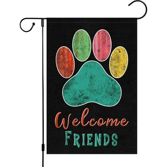 Welcome Dog Paws Garden Flag 12.5x18 Double Sided, Small Burlap Dog Garden Yard Flags Welcome Friends for House Outside Outdoor Holiday Decor (ONLY FLAG)