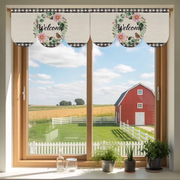Welcome Door Banner Vintage Pink Floral Leaf Wreath Bird Linen Texture Small Scalloped Hanging Banner for Door, Hanging Flag Backdrop Decoration for Wall Window Party 3pcs, 8 x 12 Inch
