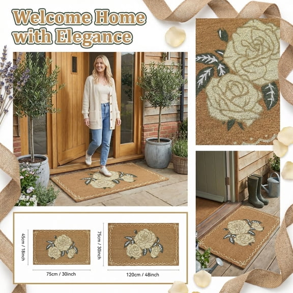Welcome Door Mat, Doormat Outdoor, Outdoor Rug Front Door, Front Porch Rug, Floral Decor, Garden Decorations Outdoor, Non Slip Backing, 30X18 In, Coir Construction, 1 Pc