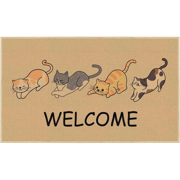 Welcome Door Mat Non Slip, Ginger Cat Floor Front Mats, Welcome Black Cat Doormat for Outdoor Outside Entrance Rubber Mats 17 x 29 Inch