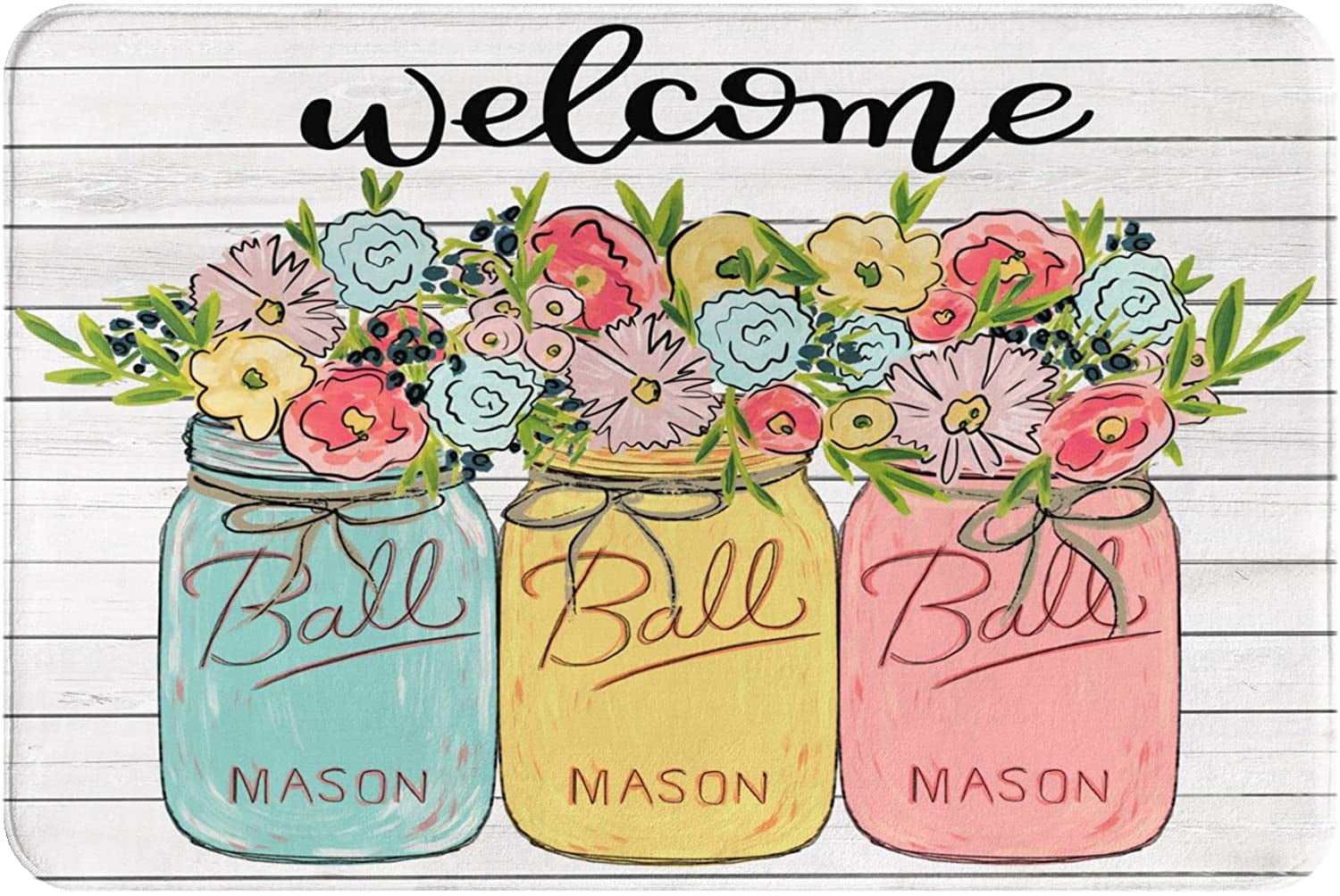 Greetings Rug Welcome Door Mats Floral Mason Jar Spring Rugs Rug Carpets Bathroom ...