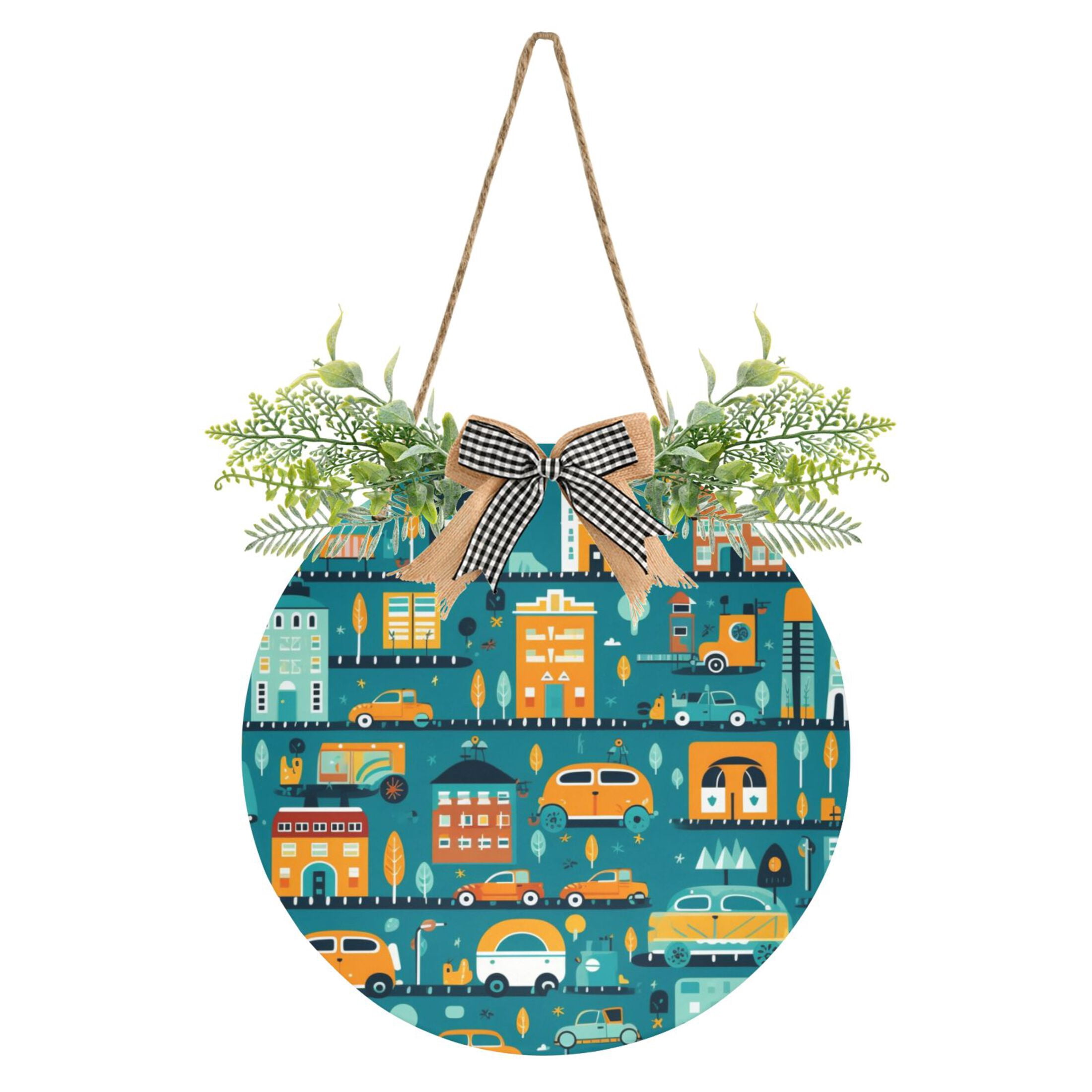 Welcome Door Sign Cartoon Building and Car 11.8