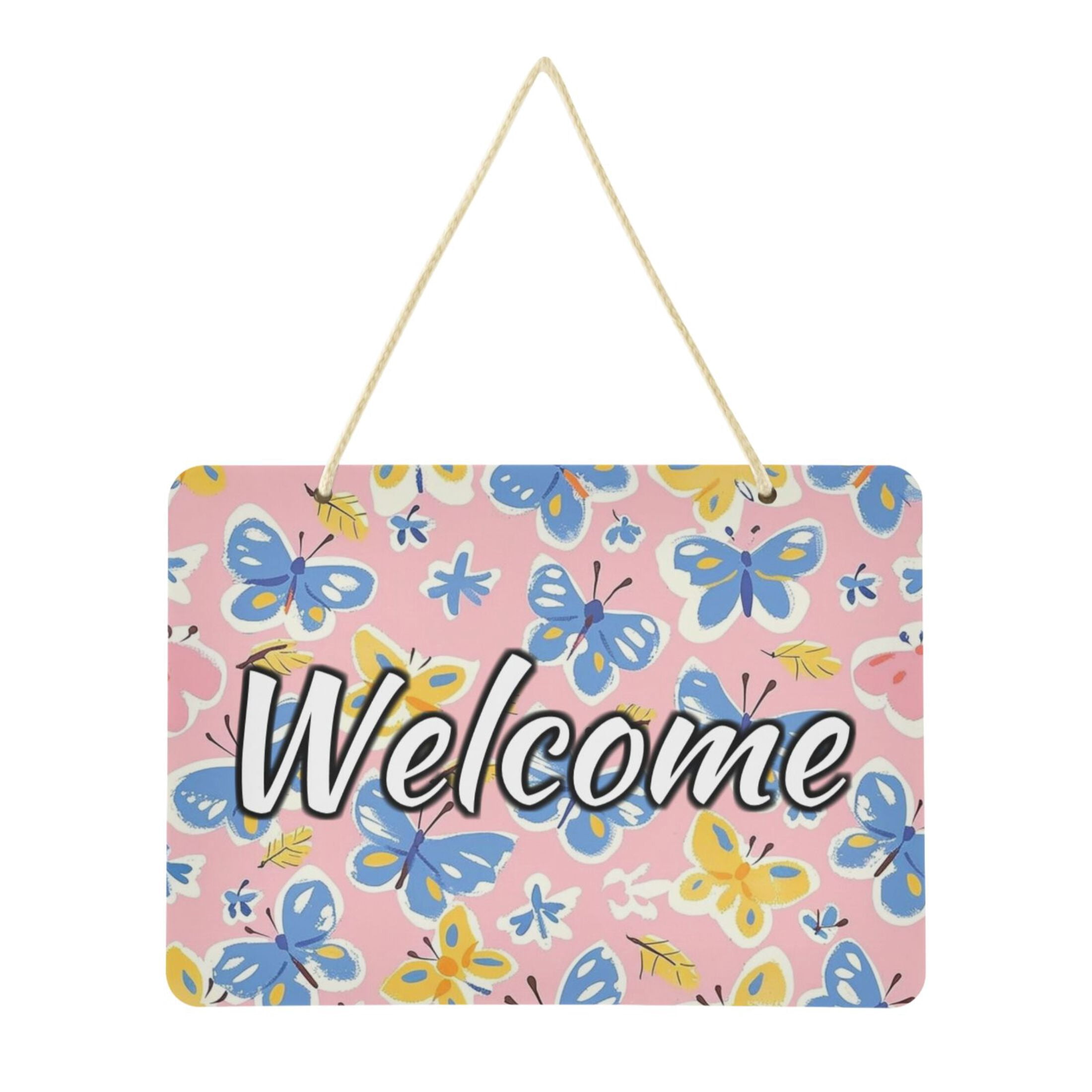 Welcome Signs Retangular Welcome Door Sign Decoration Butterflies on Pink 13.8
