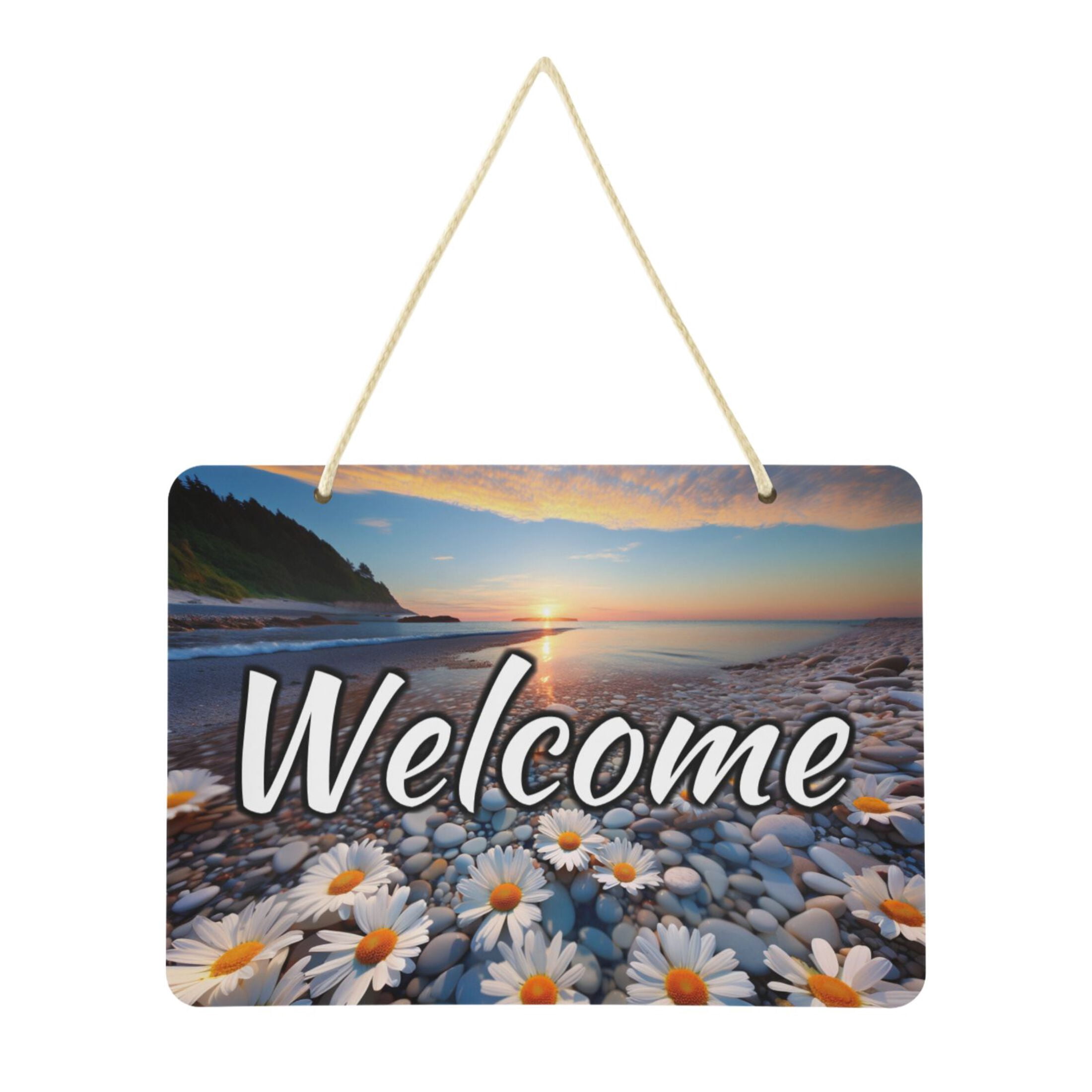 Welcome Signs Retangular Welcome Door Sign Decoration Daisy Flowers on Beach 13.8