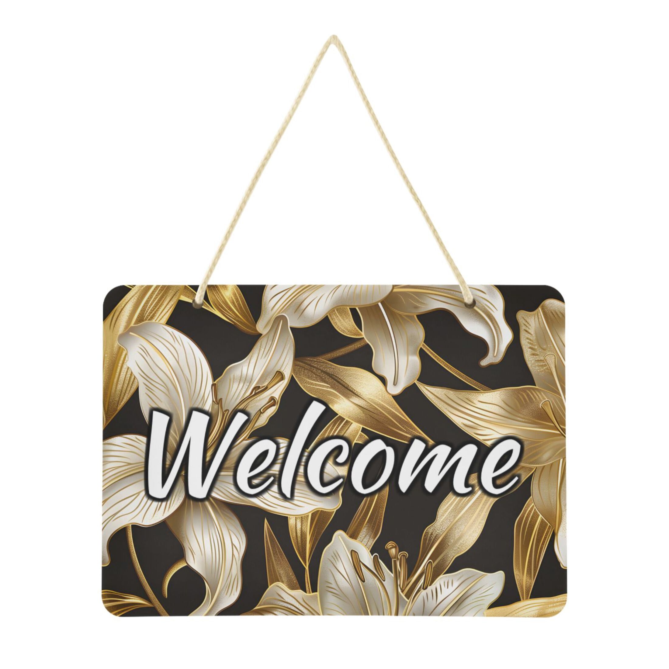 Welcome Signs Retangular Welcome Door Sign Decoration Golden Flower 13.8
