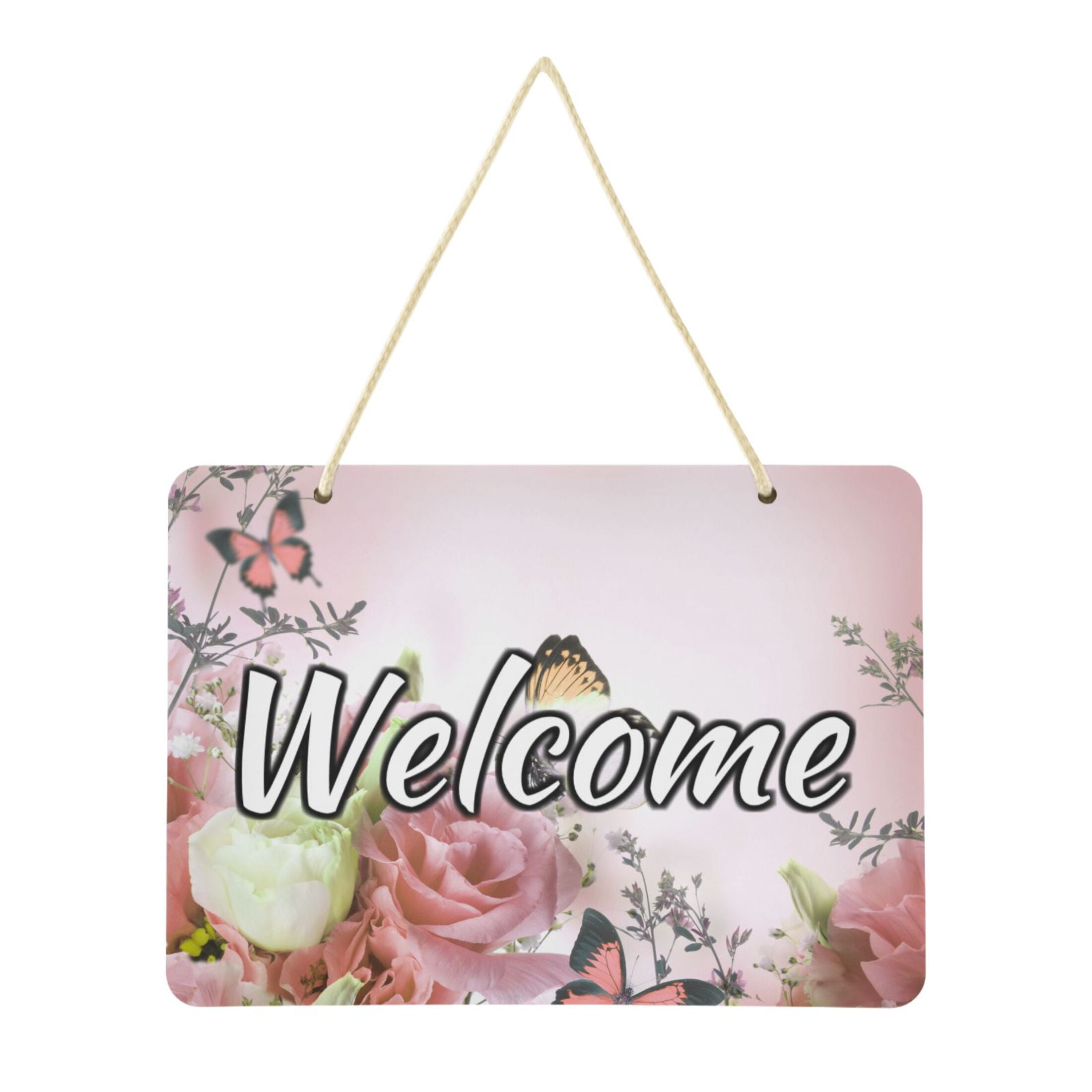 Welcome Door Sign Decoration Pink Roses and Butterfly 13.8