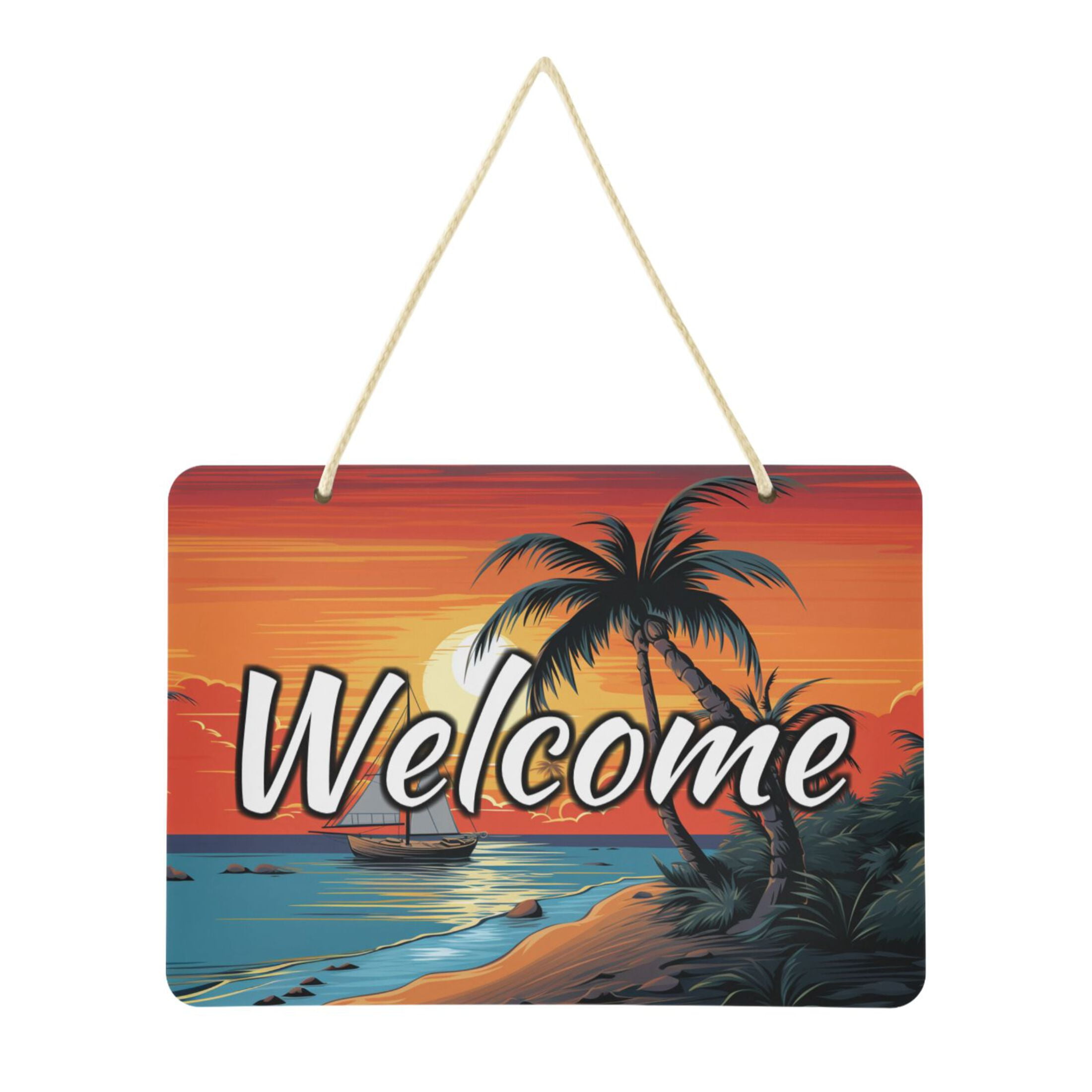 Welcome Door Sign Decoration Sea Palm Trees in Sunset 13.8