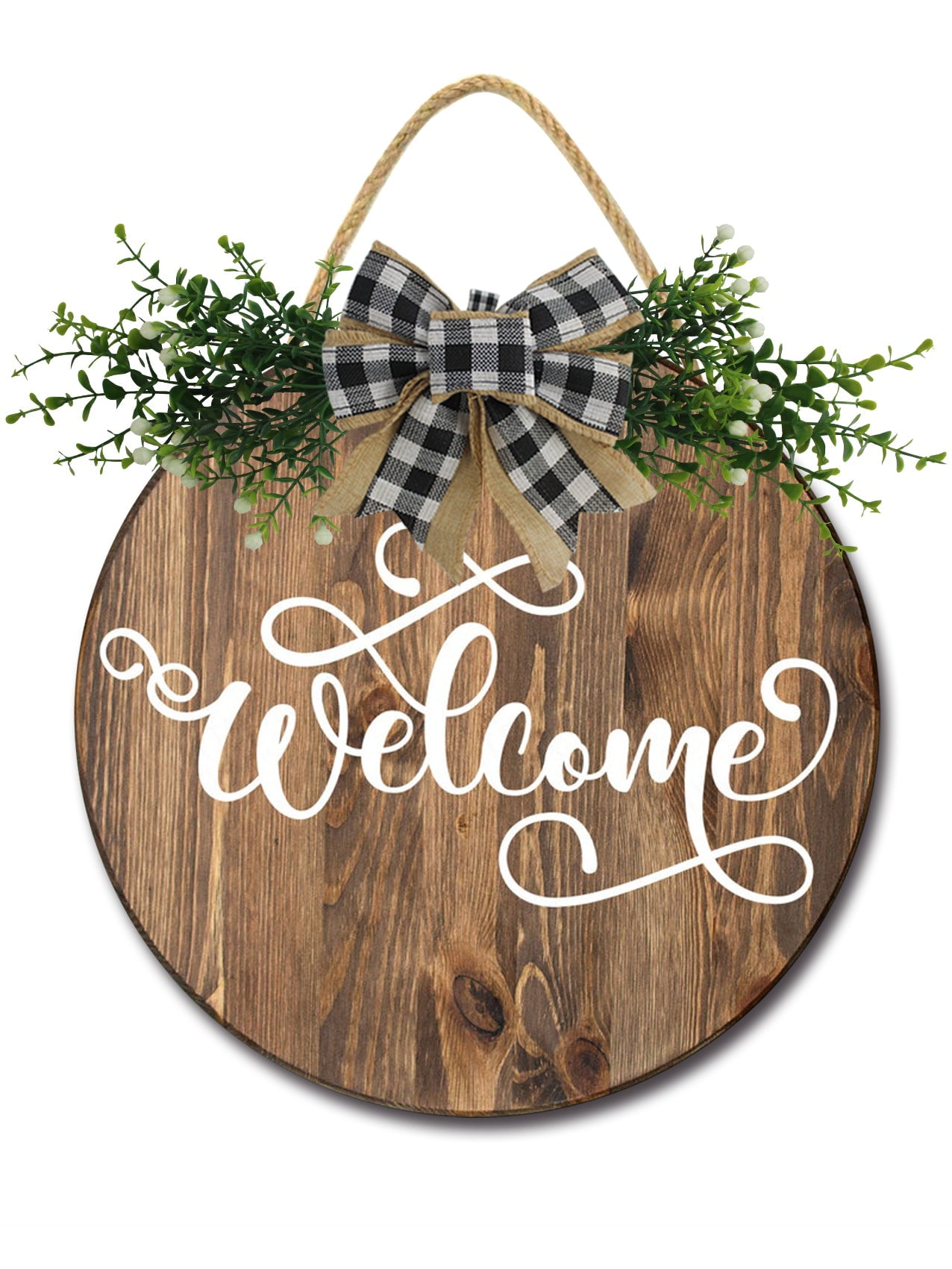 Welcome Sign for Front Door, Rustic Round Wood Wreaths Wall Hanging Outdoor Decor