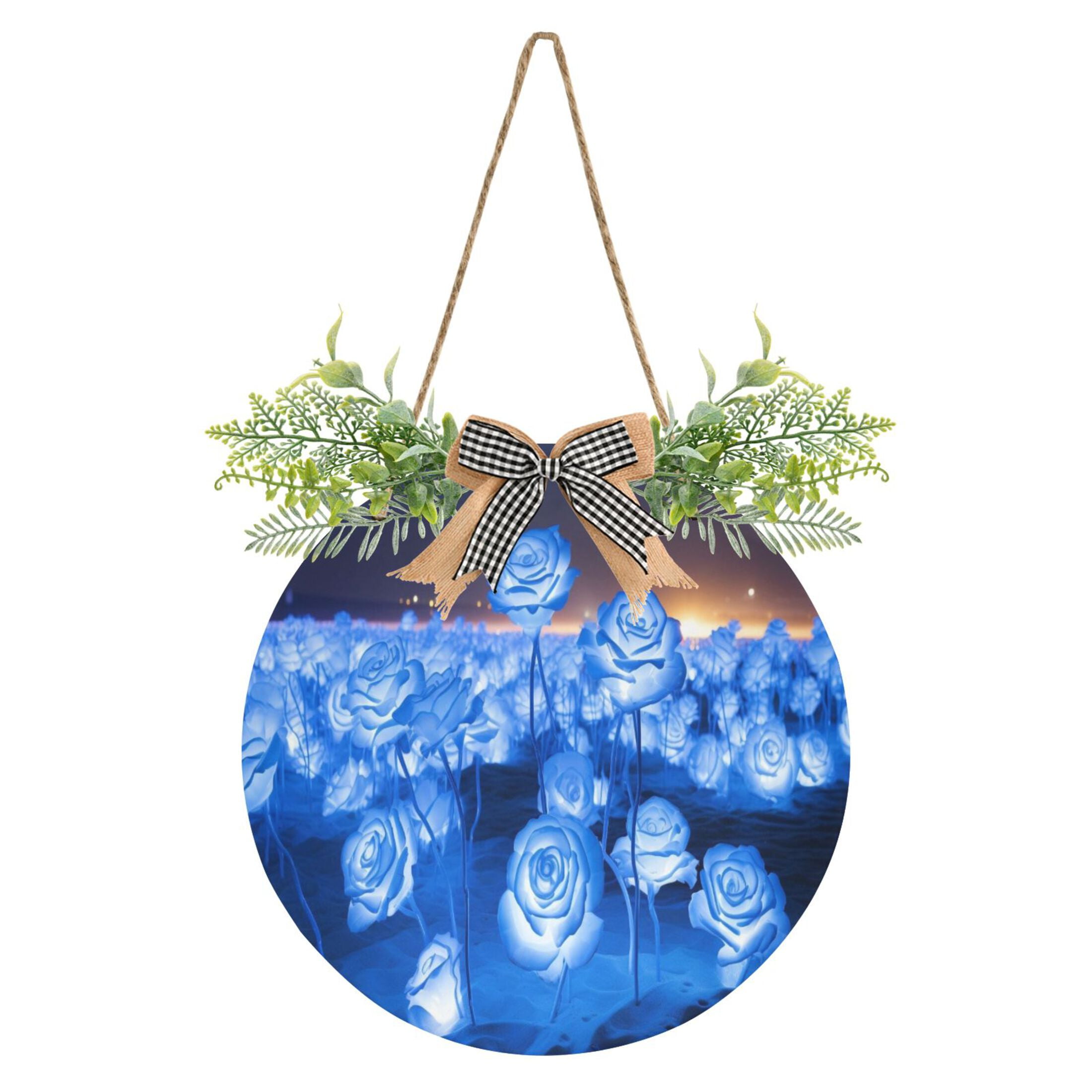 Welcome Door Sign Roses Flowers Blue 11.8