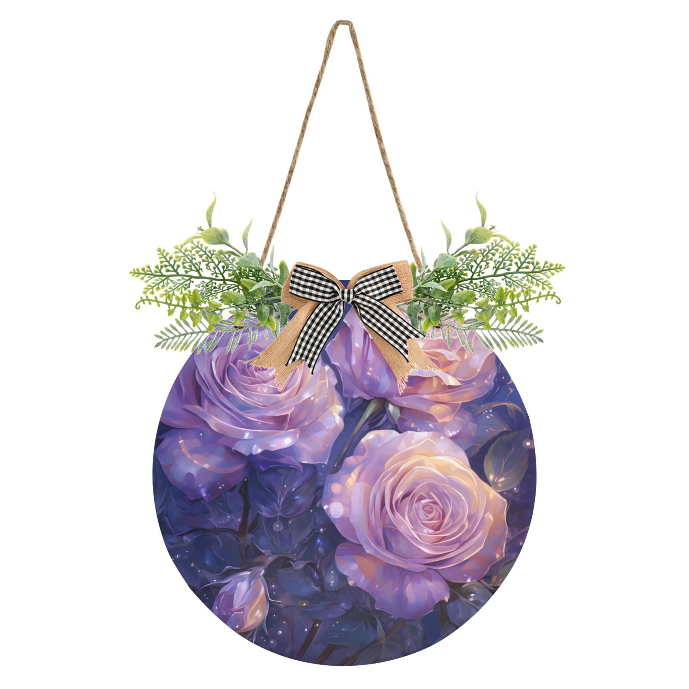 Welcome Door Sign Roses Flowers Purple 11.8