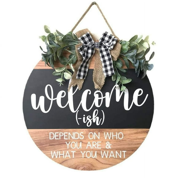 Welcome Door Sign - Round Welcome Sign for Front Door, Welcome Wreath Sign Hanging Farmhouse Door Sign for Front Door Porch Decor with Eucalyptus Buffalo Bow Beads for Home Decoration