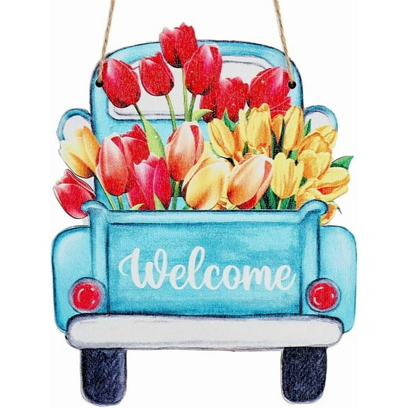 Welcome Door Sign Wood Front Door Decor Car Flower Rustic Wall Hanging Decorations Welcome Signs with Jute Twine Plastic Hook Porch Home Spring Summer Fall Winter 6 x 7.8Inch Mixed Color