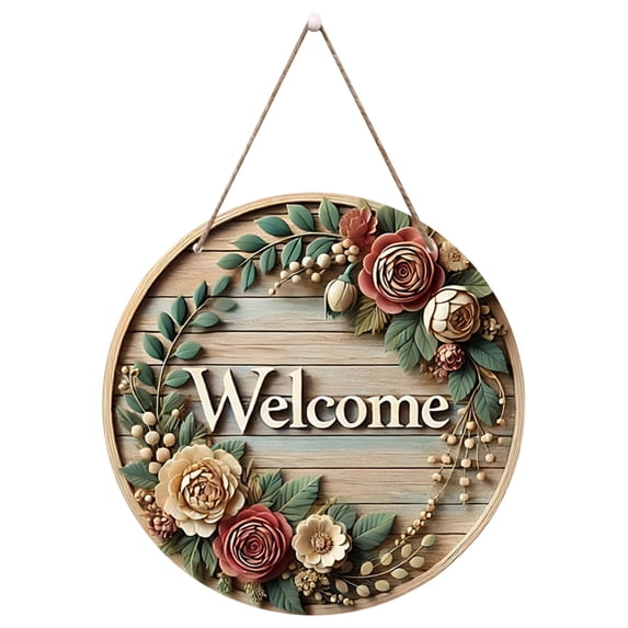 Welcome Door Sign, Wooden Circular Plaque, Flower Wreath Hanging, Home Wall Decor for Entrance, Decorative Doorplate for Indoor Use,for Home, Festival, and Gift(Yellow,)