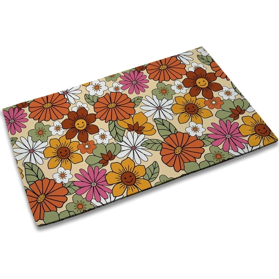 Welcome Doormat 70s Vintage Floral Door Mat with Non-Slip Backing Indoor Outdoor Welcome B Door Mat for Entryway Porch Spring Summer Housewarming Gift 17x30INCH