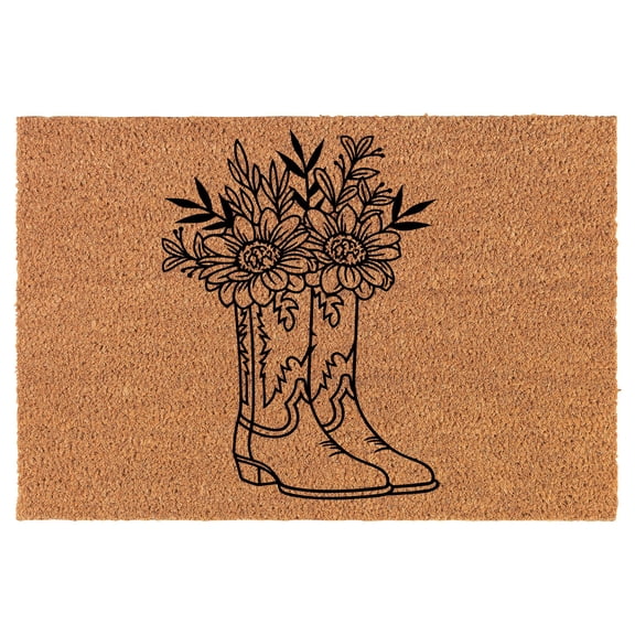 Welcome Doormat Coco Coir Door Mat Gift Cowgirl Boots Floral Flowers (24" x 16")