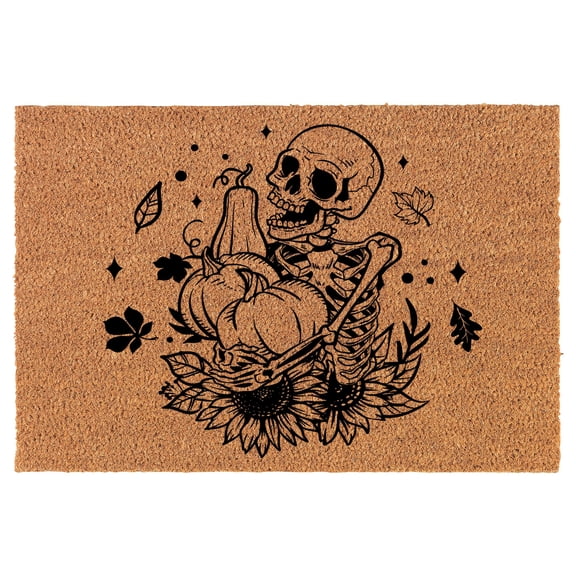 Welcome Doormat Coco Coir Door Mat Gift Fall Skeleton Pumpkins Sunflowers Leaves (30" x 18")