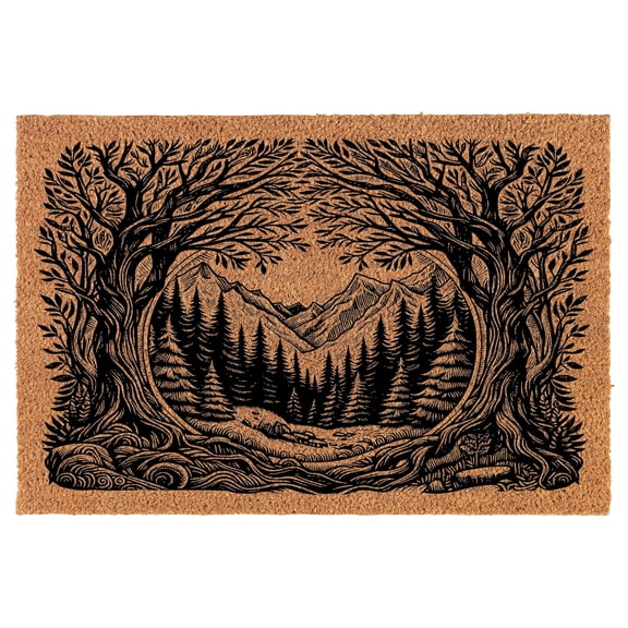 Welcome Doormat Coco Coir Door Mat Gift Framed Forest Trees with Mountains (24" x 16")