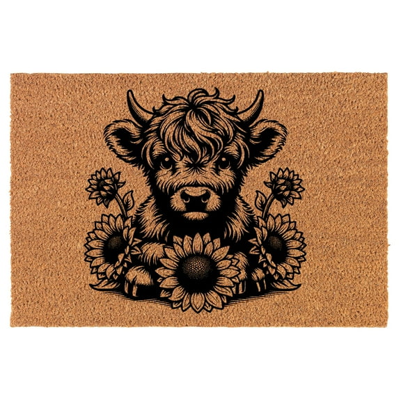Welcome Doormat Coco Coir Door Mat Gift Highland Cow with Sunflowers (30" x 18")