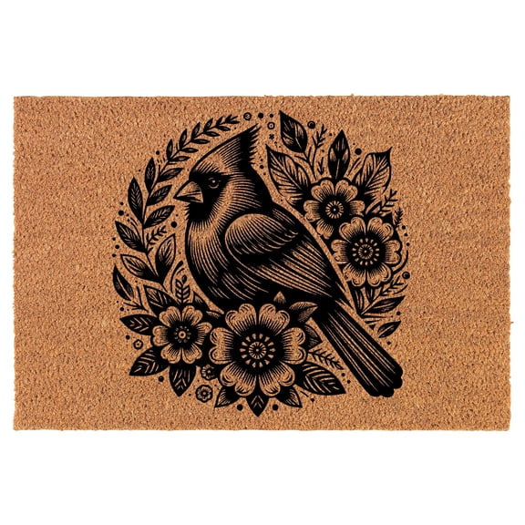 Welcome Doormat Coco Coir Door Mat Gift Red Cardinal Bird Flowers (24" x 16")
