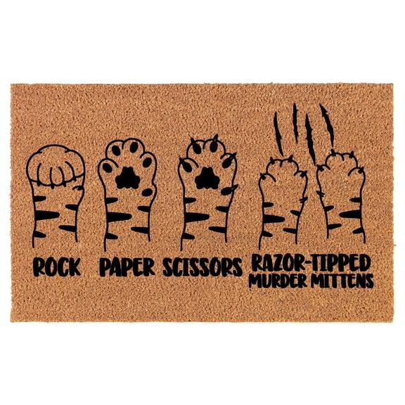 Welcome Doormat Coco Coir Door Mat Gift Rock Paper Scissors Cat Paws Funny (24" x 16")