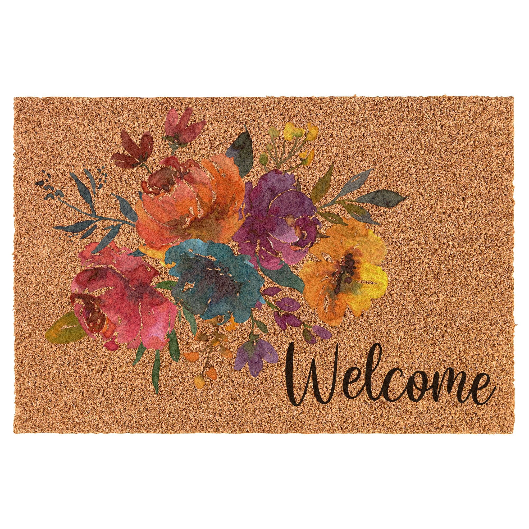 Welcome Doormat Coco Coir Door Mat Gift Watercolor Floral Flowers ...