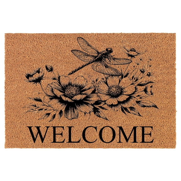 Welcome Doormat Coco Coir Door Mat Gift Welcome Dragonfly Flower Blooms (30" x 18")