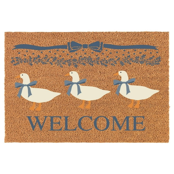 Welcome Doormat Coco Coir Door Mat Gift Welcome Vintage Blue Ribbon Goose White (24" x 16")