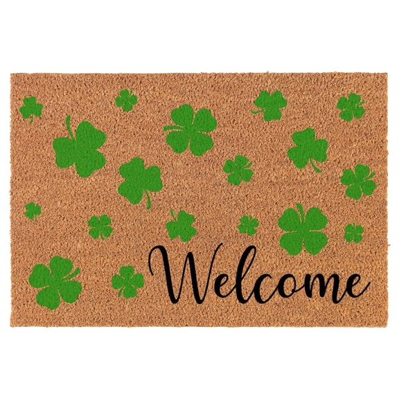 Welcome Doormat Coco Coir Door Mat Green 3 & 4 Leaf Clovers Welcome CORNER Irish St Patrick's Day (24" x 16")