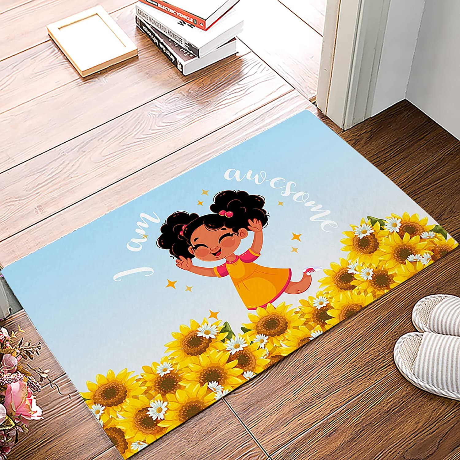 Welcome Doormat Cute Black Girl and Sunflower Blue Gradient Background ...