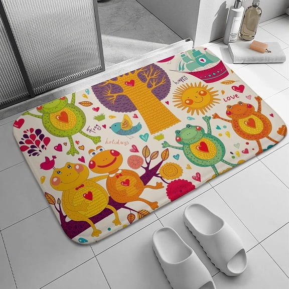 Welcome Doormat with Cute Cartoon Frogs Pattern, Absorbent Non Slip Soft Bath Rug Carpet, Washable Mat for Kitchen Bathroom Entryway Decor, 16x24 Inch