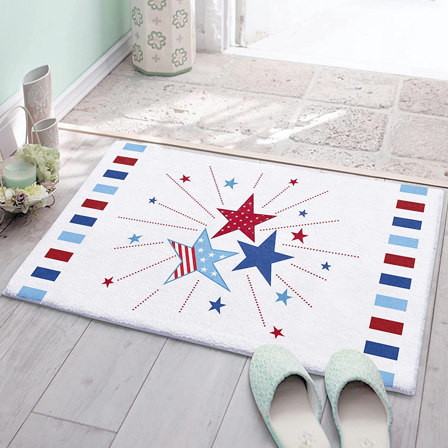 Ticuenicoa Independence Day Kitchen Rugs 17x30 & 17x47 Inch - Set Of 2, Patriotic July 4th Rugs With Stars & America Print, Non-Slip Kitchen Mats, Red Blue Wood Background