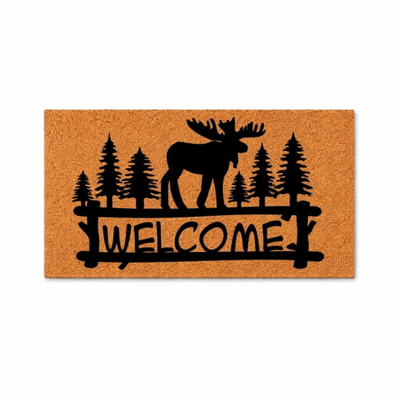 Welcome Doormat, Moose And Pine Tree Silhouette Outdoor Entry Mat (24x36 inches) WoodByStu 5610