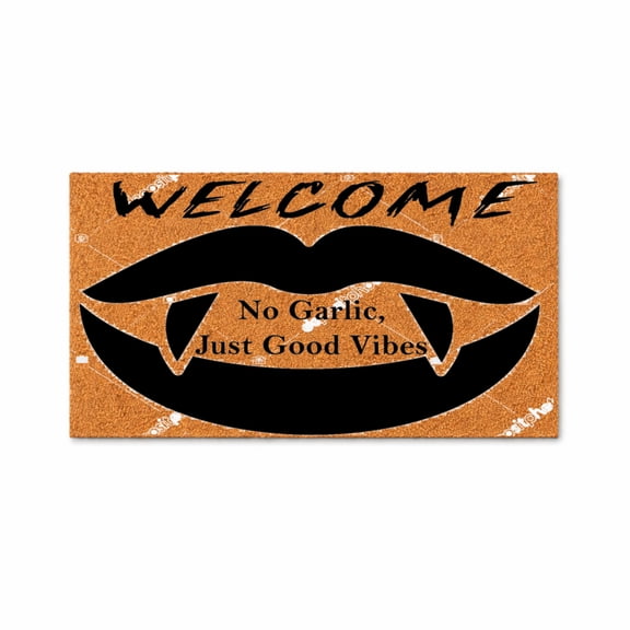 Welcome No Garlic Just Good Vibes Doormat, Vampire Fangs Funny Entryway Door Mat, Indoor Outdoor Welcome Mat (24x48 inches) WoodByStu 5597
