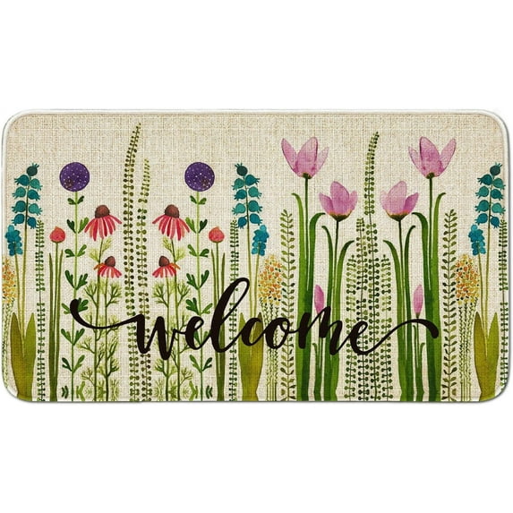 Welcome Doormat Tulip Linen Flowers Carpet Rubber Non-Slip Reusable Entrance Indoor Outdoor Mats 30\u201dx17\u201d Spring Summer Door Mat