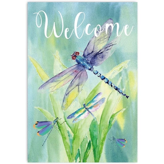 Welcome Dragonfly Garden Flag, Watercolor Flower Outdoor House Flag for Spring and Summer Decor