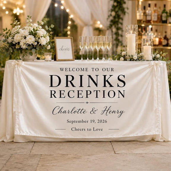 Welcome Drinks Satin Wedding Sign, Personalized Cocktail Bar Banner, Reception Table Decor