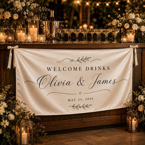 Welcome Drinks Wedding Satin Banner, Custom Fabric Bar Sign, Personalized Reception Table Decor