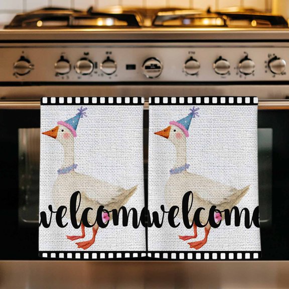 Welcome Duck Kitchen Towels Set of 1, Funny Animal Duck in Flim Flowers Black Gray Absorbent Dish Towels for Kitchen, Microfiber Hand Towel, Quick Drying Tea Towel for Cleaning Decorative Dishcloths