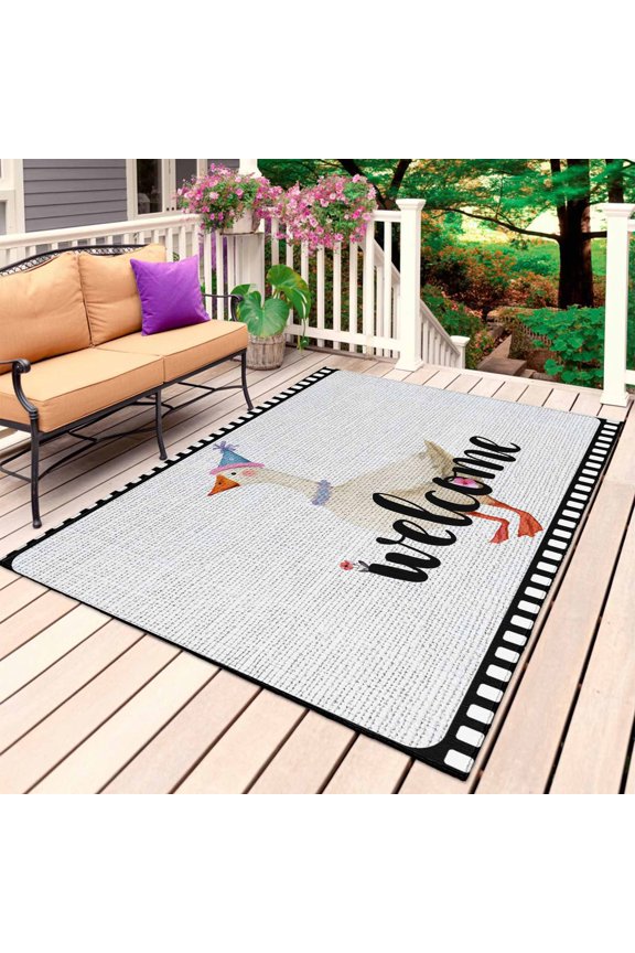 Welcome Duck Outdoor Rug 3x5 Ft, Non Slip Washable Area Rug, Funny Animal Duck in Flim Flowers Black Gray Patio Rugs Carpet Runner, Large Floor Mat for Indoor/Outdoor Deck Porch Camping
