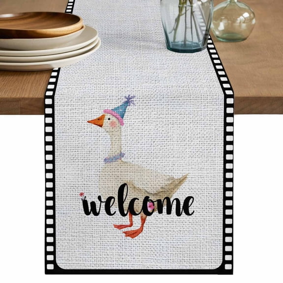 Welcome Duck Table Runner, Funny Animal Duck in Flim Flowers Black Gray Washable Cotton Linen Table Runners 48 Inches Long, Dresser Scarf Runner for Nightstand/Coffee/End Tables 13''x48''