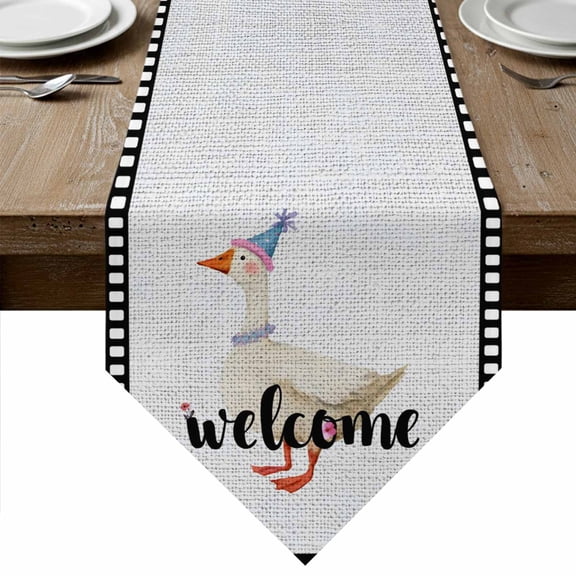Welcome Duck Table Runner Linen Burlap Table Runner 70 Inches Long Funny Animal Duck in Flim Flowers Black Gray Dresser Scarves for Kitchen Island Coffee Dining Room Party Holiday Decor 13"x70"