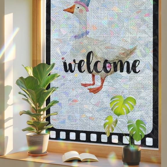 Welcome Duck Window Privacy Film Rainbow Static Cling Stain Glass Window Film for Glass Door, Decorative Blocking Sunroof Decal Sticker for Car Home 17.7"x39.3" Funny Duck in Flim Flowers Black Gray