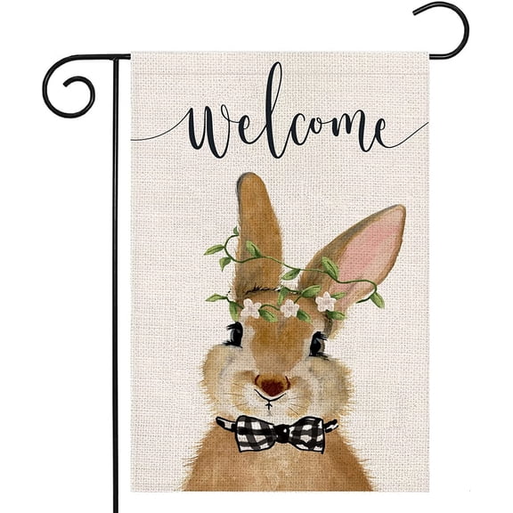 Welcome Easter Bunny Garden Flag for Outdoor 12x18 Double Sided,Funny Rabbit with Bow Tie Small Yard Flag,Seasonal Decors for Spring Farmhouse Holiday Outside