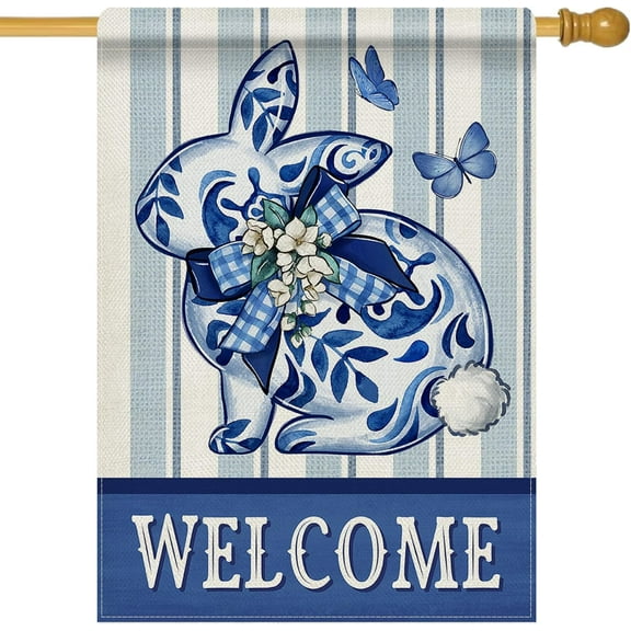 Welcome Easter Chinoiserie Bunny 28 x 40 House Flag Double Sided, Blue and White Porcelain Rabbit Garden Yard Decorations, Spring Stripes Butterfly Burlap Outdoor Decor Decorative Large Flag