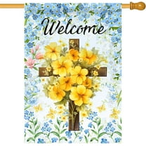 Welcome Easter Cross House Flag Double Sided Springtime Christian flowers Holiday Decoration Outdoor Yard Flag 28×40 inch